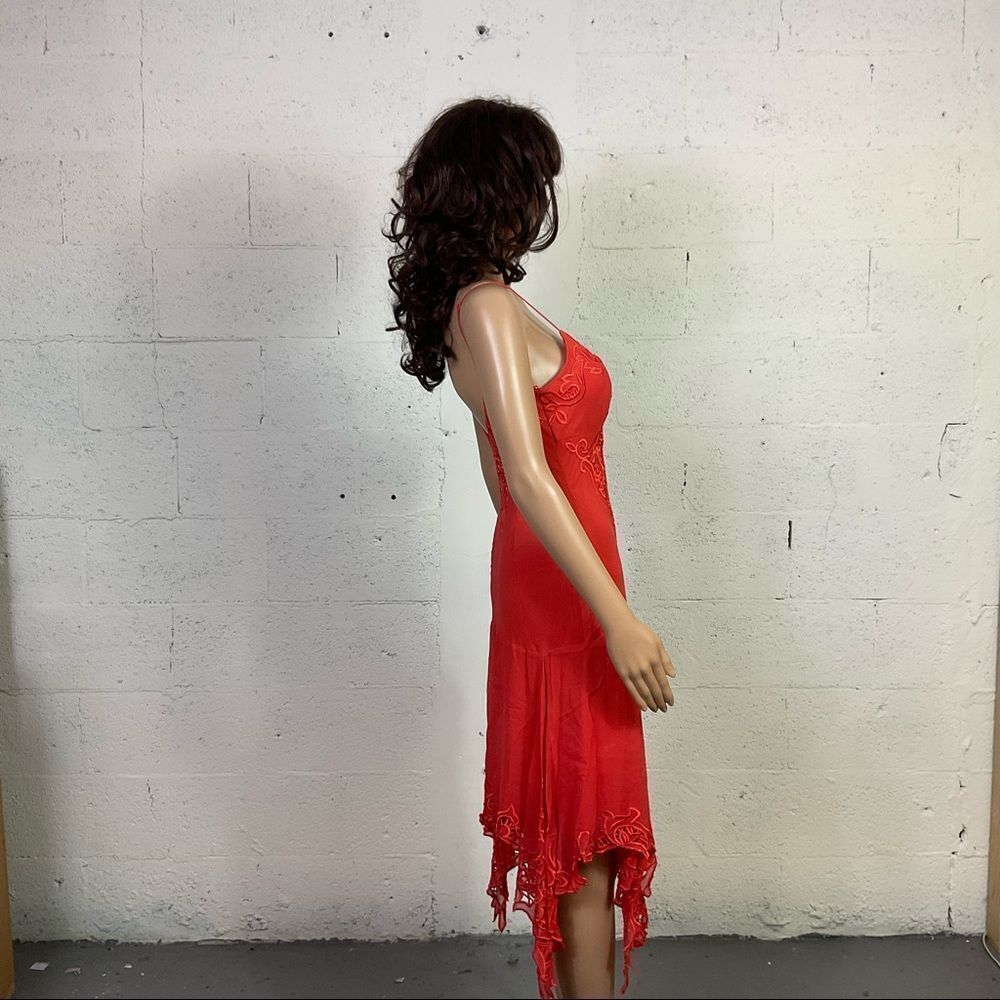 Sue Wong Orange Lace Sleeveless Asymmetrical Silk Babydoll Slip Midi Dress 4 - Picture 6 of 9
